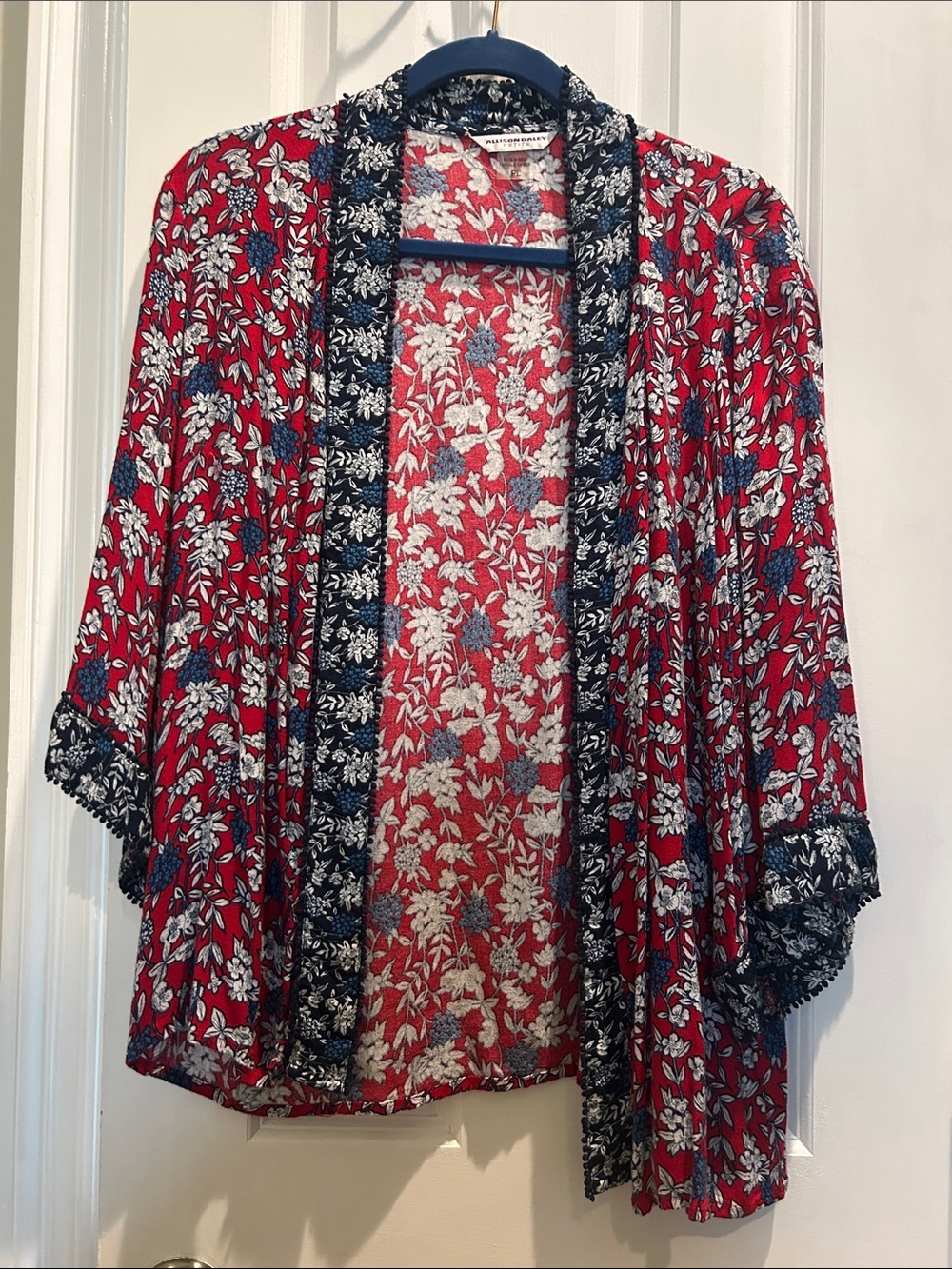 Allison Daley Petite Floral Open Front Kimono - Red, Navy & Cream